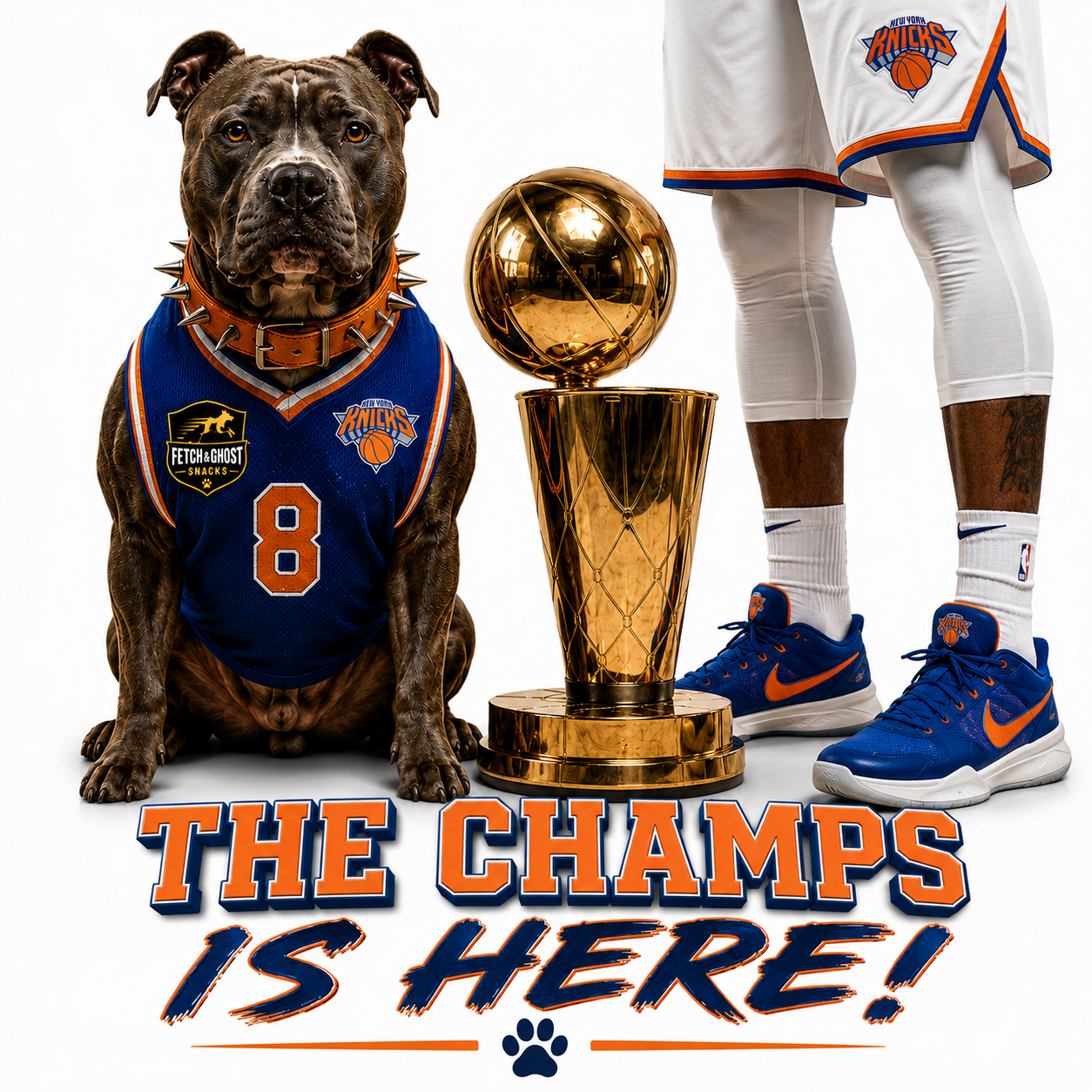 Fetch N Go dog in New York Knicks jersey with championship trophy